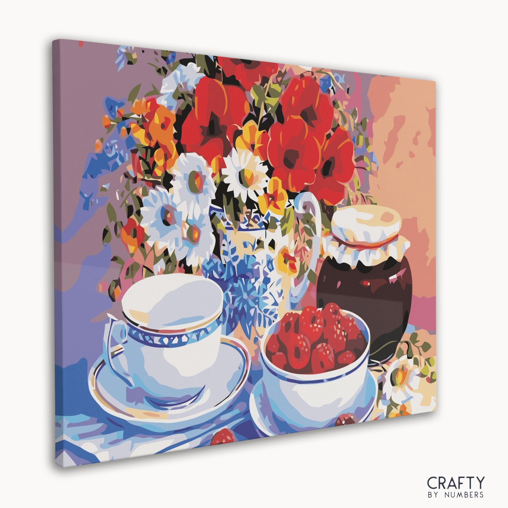 Beautiful cup set with decorative flowers in a paint by number style, reminiscent of van gogh famous paintings.