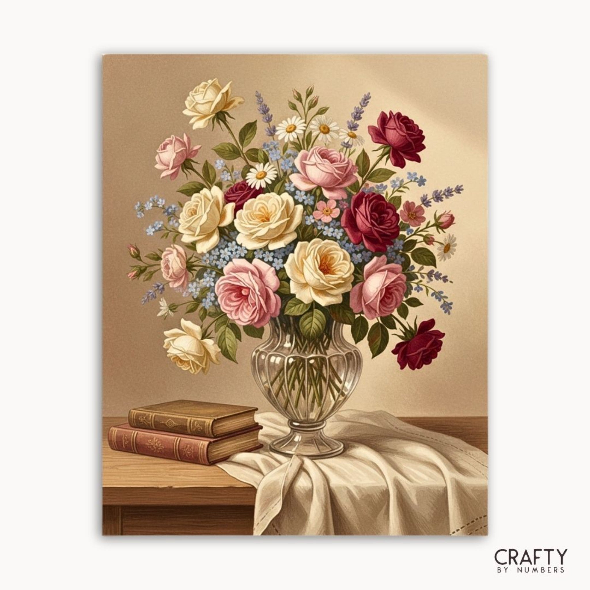 Floral arrangement in a vase on a table with books and a cloth, on a beige background.
