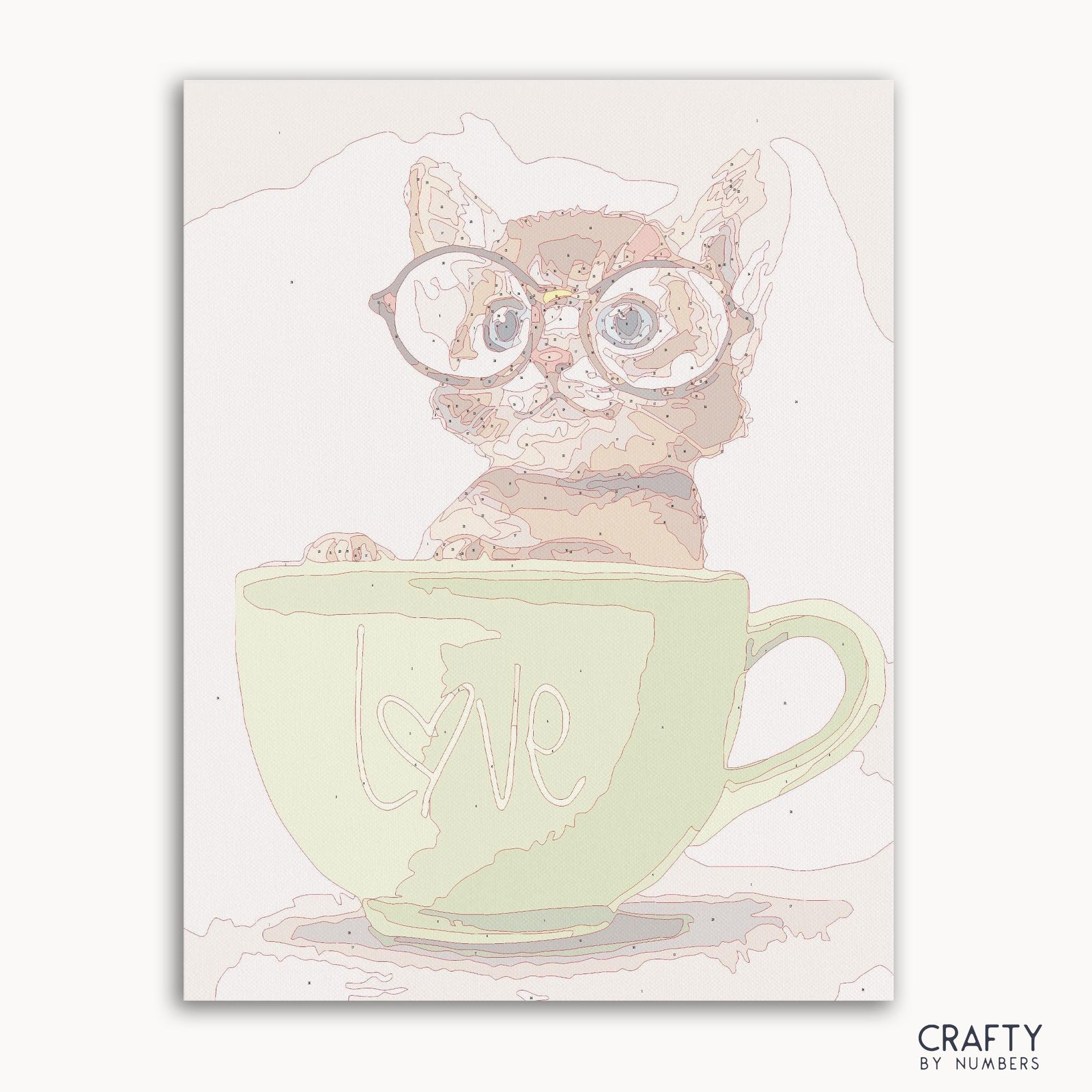 Pintura linda de Cat In Green Cup por números inspirada en pinturas famosas, pinturas famosas de Van Gogh y pinturas de paisajes famosos.
