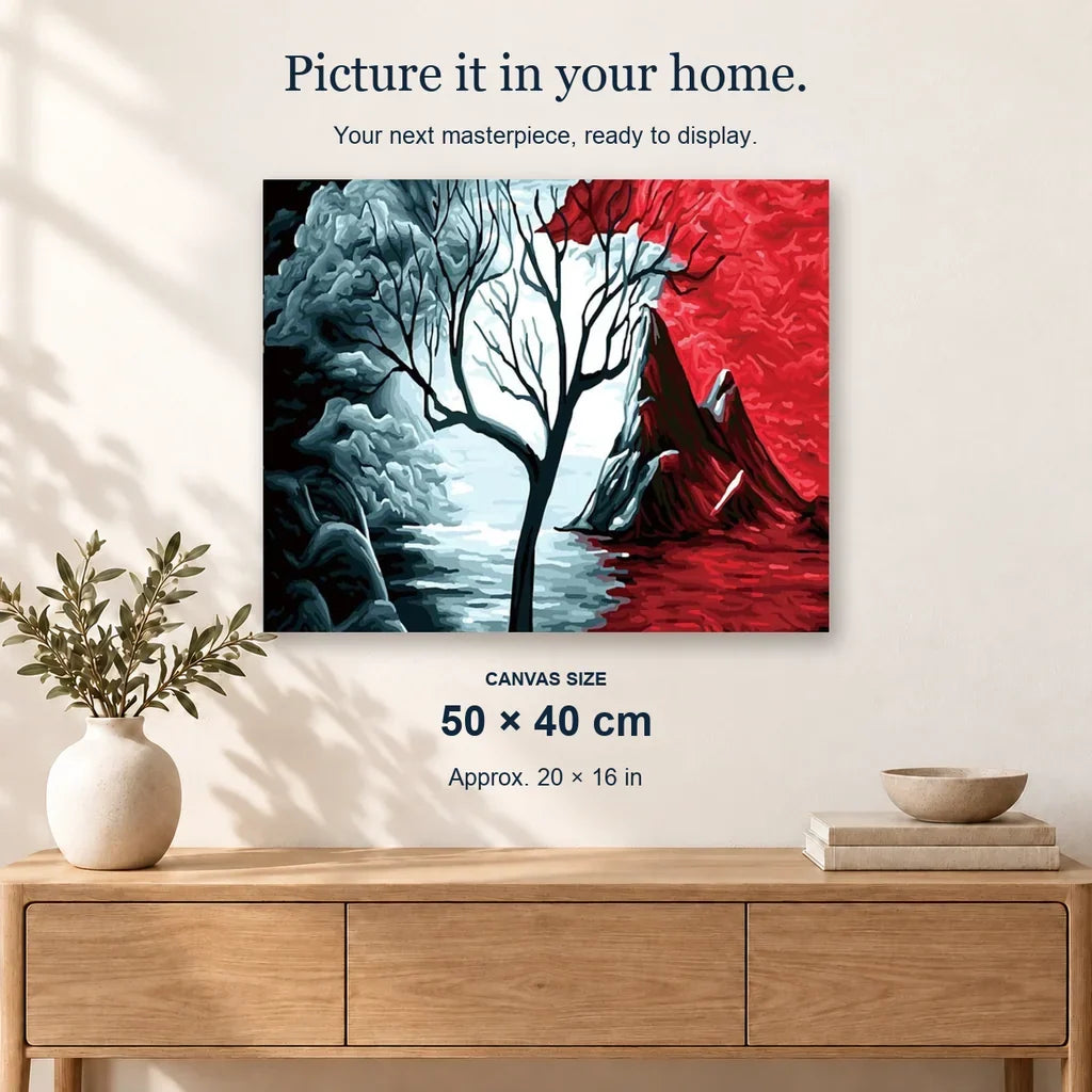 Dark to Light displayed on a sunlit wall. Canvas size 50 × 40 cm.