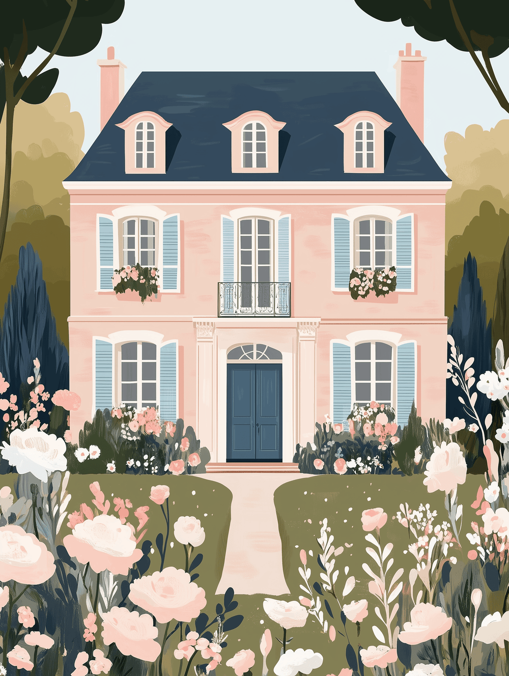 A paint-by-numbers kit depicting a vibrant meadow with a house, flowers, and trees.