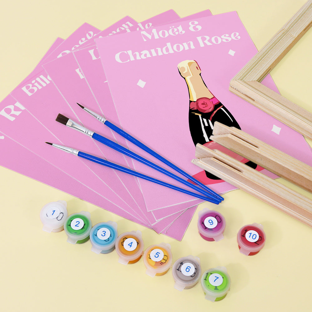 different Rosé Champagne, paint brushes, and paint by numbers available at craft by numbers.