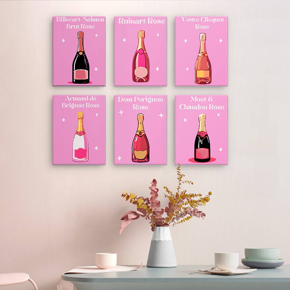 6 parallel different Rosé Champagne on wall 