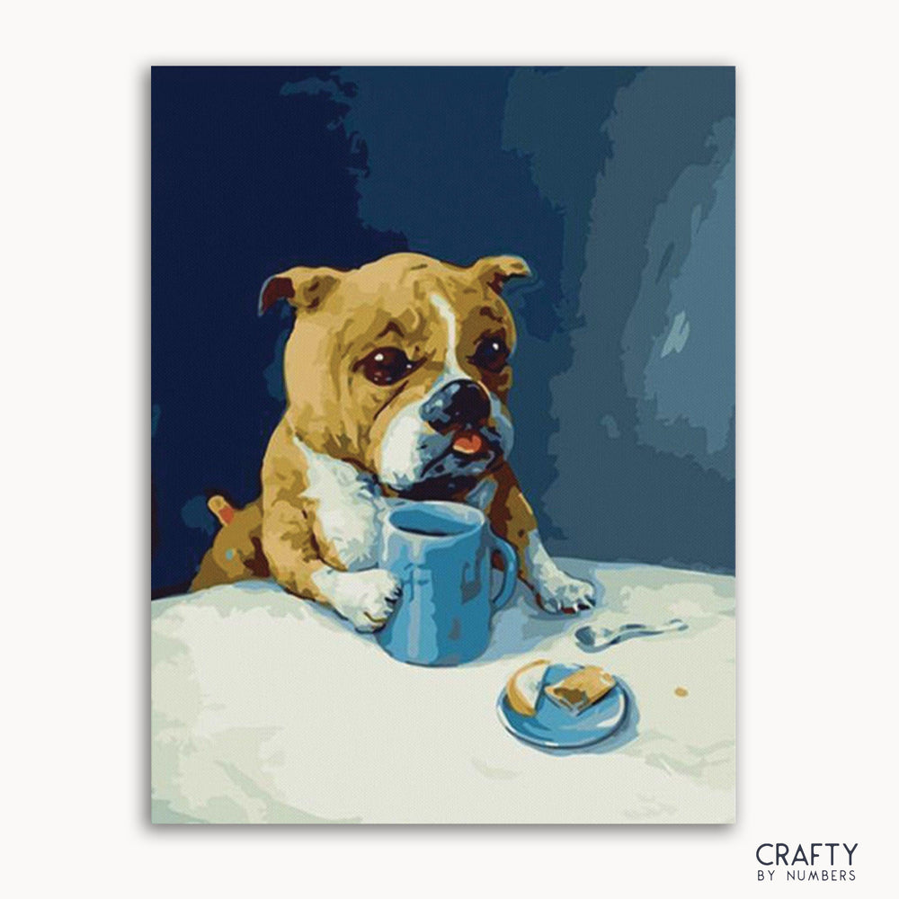 A paint-by-numbers kit image featuring a dog with a coffee cup.