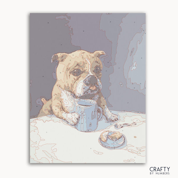 Dog & Coffee paint by number inspired by famous paintings with vibrant colors like van gogh famous paintings and famous landscape paintings.