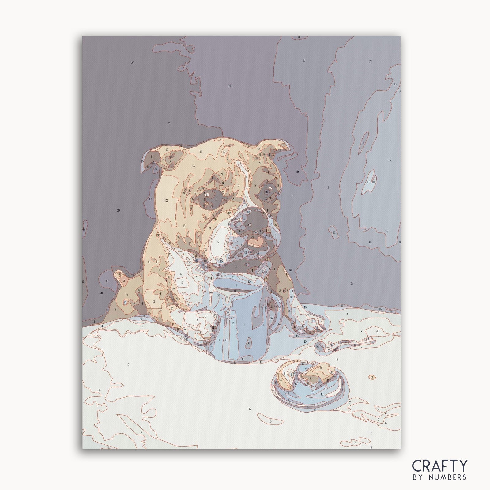 Malen nach Zahlen „Hund & Kaffee“, inspiriert von berühmten Gemälden mit leuchtenden Farben wie berühmten Gemälden von Van Gogh und berühmten Landschaftsgemälden.