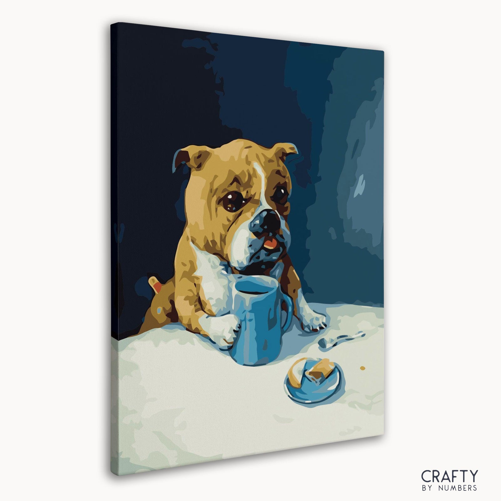 Künstlerisches Malen nach Zahlen „Dog & Coffee“ mit Stilen, die an die berühmten Gemälde von Vincent Van Gogh und die berühmten abstrakten Gemälde erinnern.