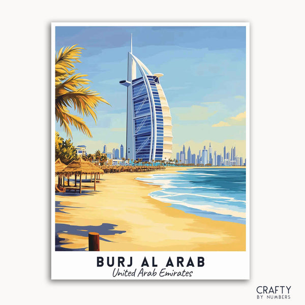 A travel poster depicting the Burj Al Arab hotel in Dubai with a beautiful beach and the city skyline in the background.