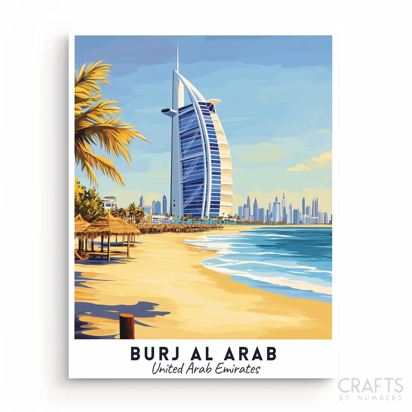 A travel poster paint by numbers kit depicting the Burj Al Arab in Dubai with a clear blue sky, palm trees, and a sandy beach in the foreground.