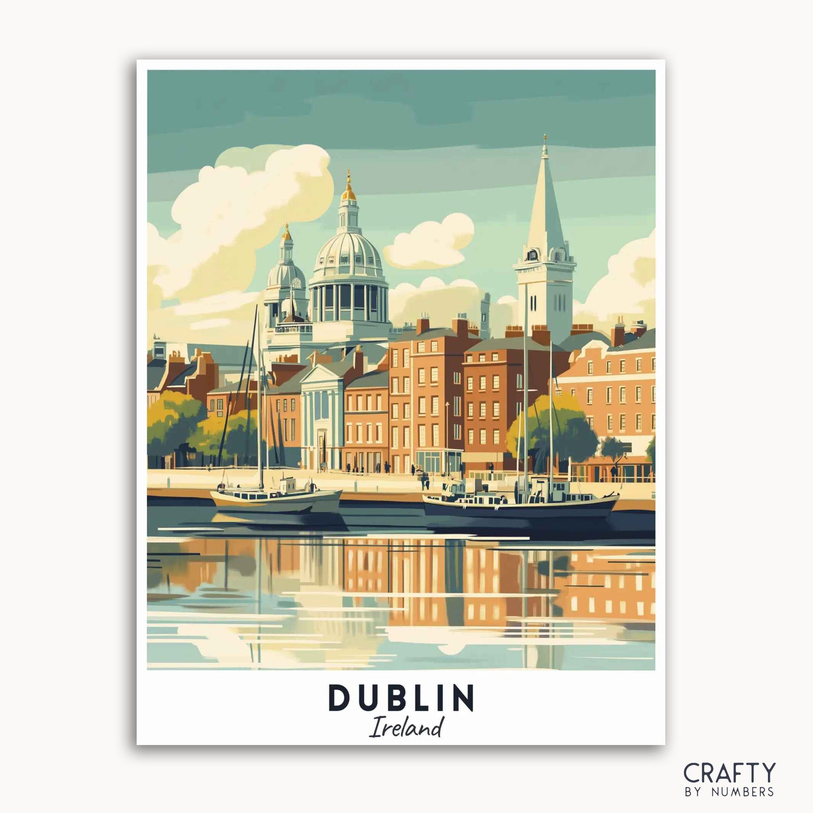 Ein Reiseplakat, das die Stadt Dublin in Irland mit ihrer ikonischen georgianischen Architektur, historischen Türmen und einem ruhigen Spiegelbild im Fluss Liffey zeigt.