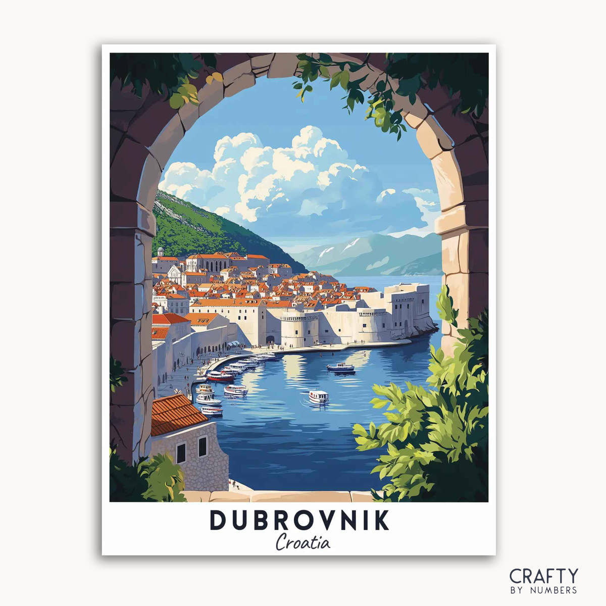 Un cartel de viaje pintado por números que representa la ciudad de Dubrovnik en Croacia, con una vista panorámica con barcos, edificios y un arco de piedra.