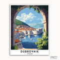 A paint by numbers travel poster depicting the city of Dubrovnik in Croatia, featuring a scenic view with boats, buildings, and a stone archway.