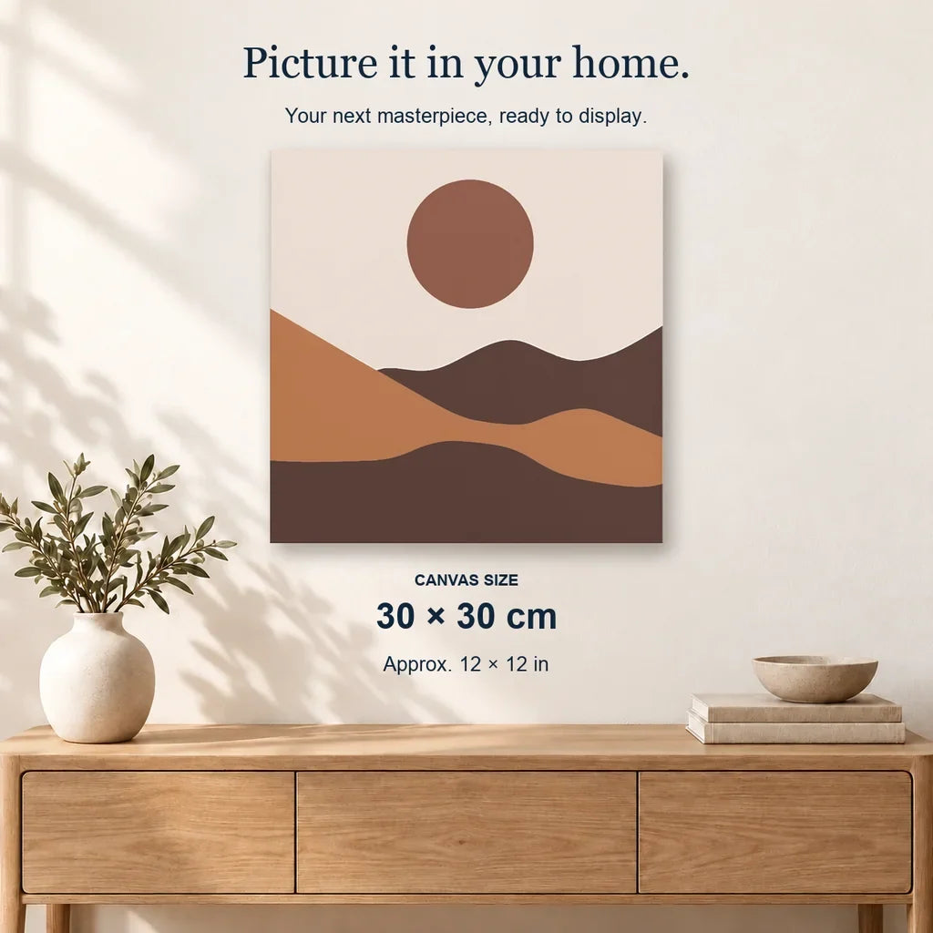 Dune Serenity displayed on a sunlit wall. Canvas size 30 × 30 cm.