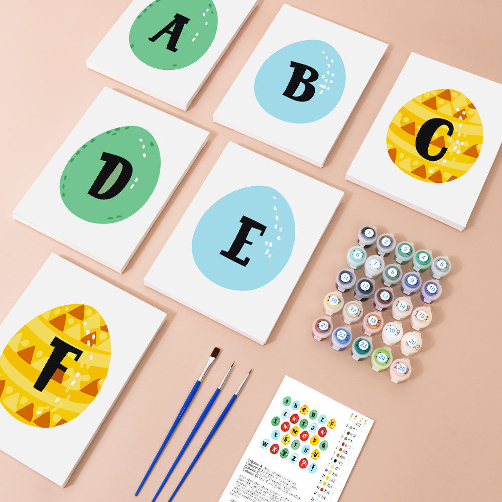 Close-up of Easter Egg Hunt Alphabet numbered linen canvas showing detailed sections for painting colorful Easter eggs with hidden letters