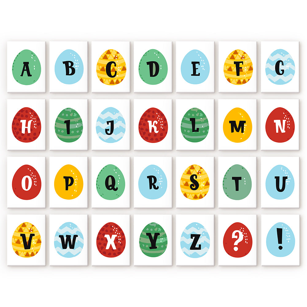 Alphabet-Malen-nach-Zahlen-Set zur Ostereiersuche mit einem hell gemusterten Ei, in dessen Inneren der Buchstabe A auf einer 15 x 20 cm großen Leinenleinwand versteckt ist