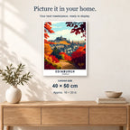 Edinburgh Travel Poster displayed on a sunlit wall above an oak cabinet. Canvas size 40 × 50 cm.