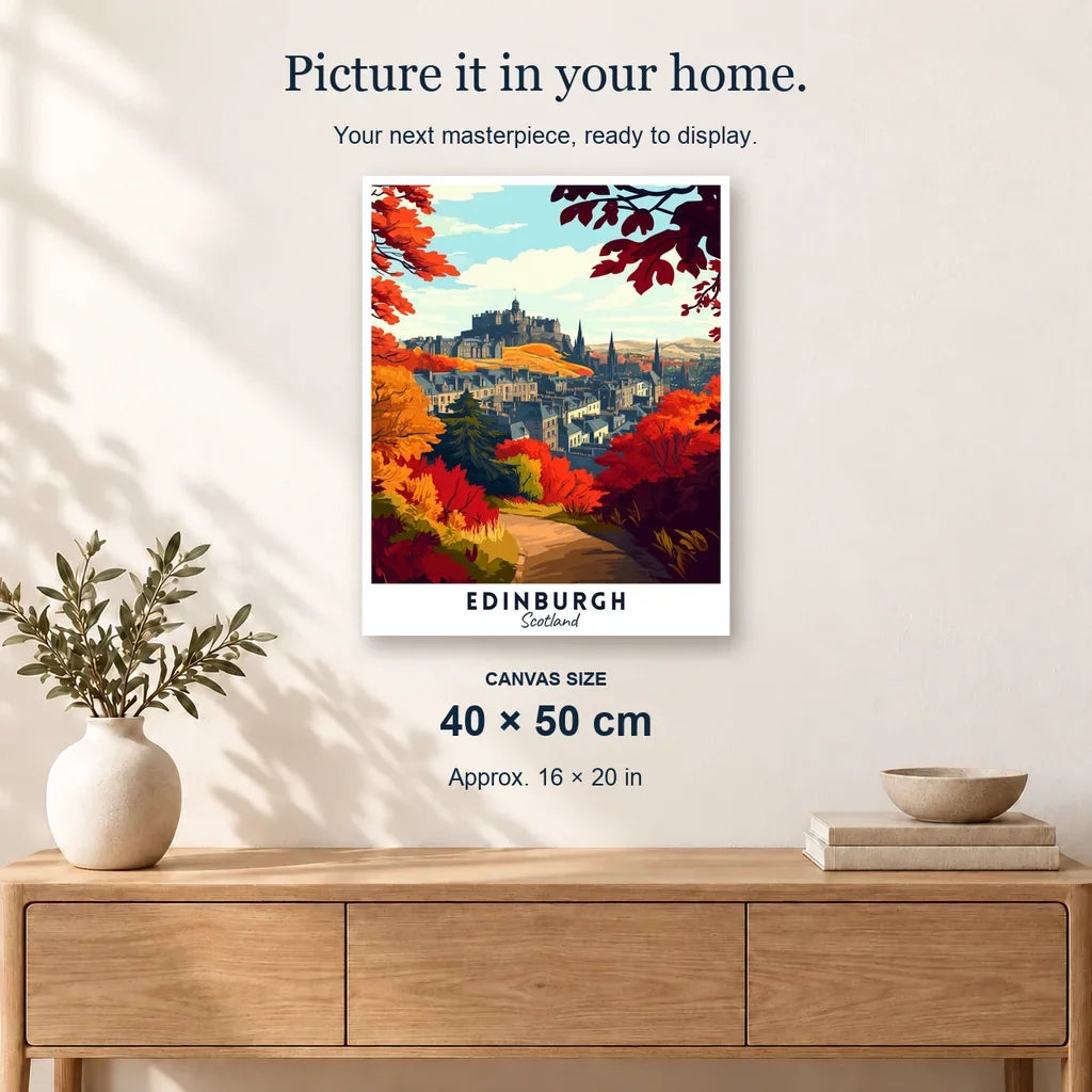 Edinburgh Travel Poster displayed on a sunlit wall above an oak cabinet. Canvas size 40 × 50 cm.