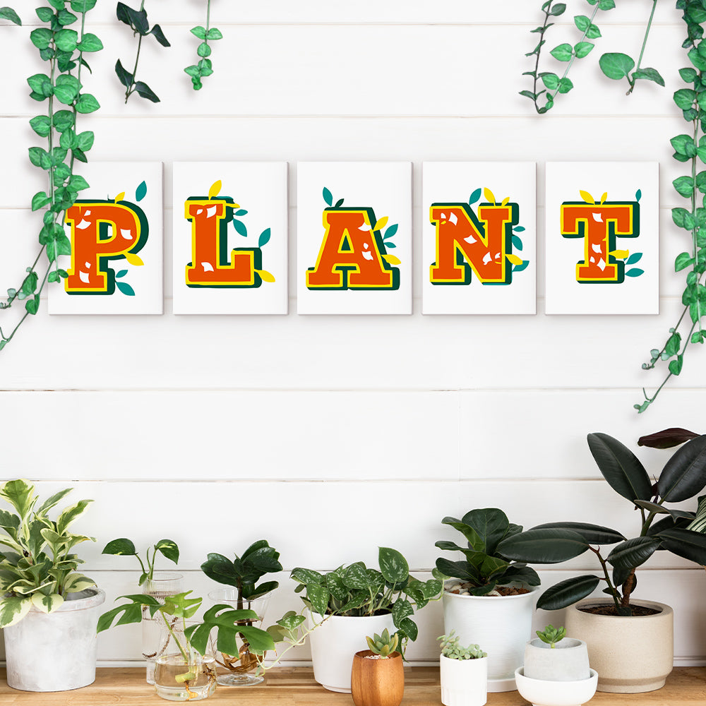 Decorative wall art with colorful 'PLANT' letters above a collection of potted plants.