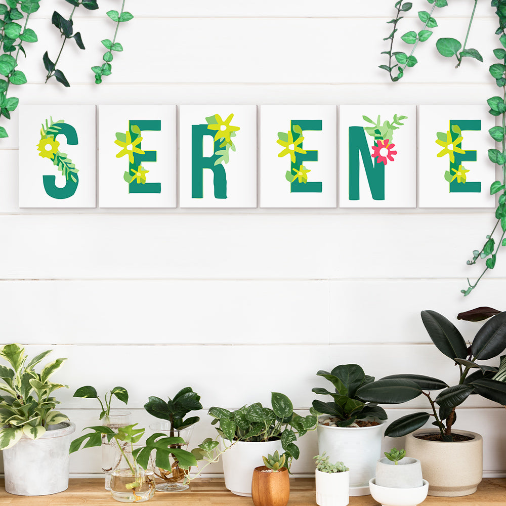Decorative wall art spelling 'SERENE' with plants on a white wall.