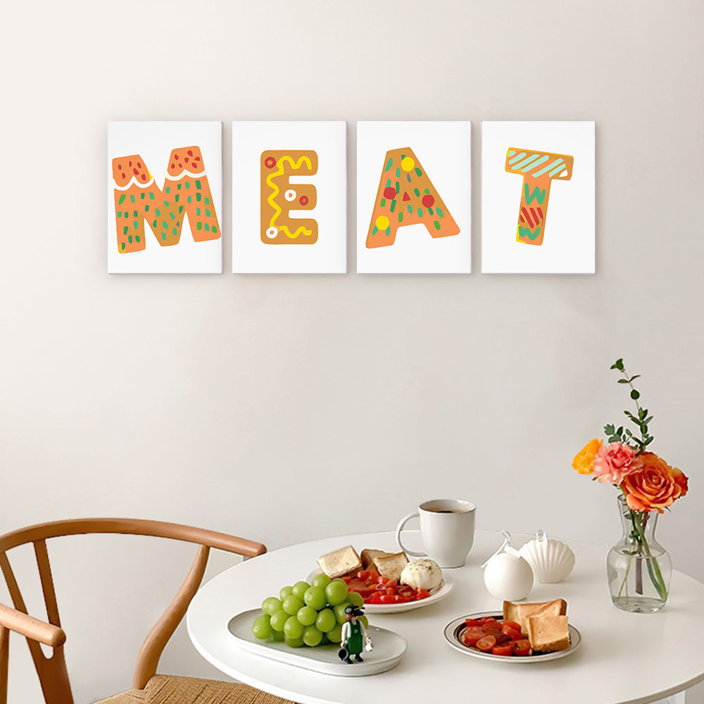 Colorful 'MEAT' wall art above a dining table with food and decor.