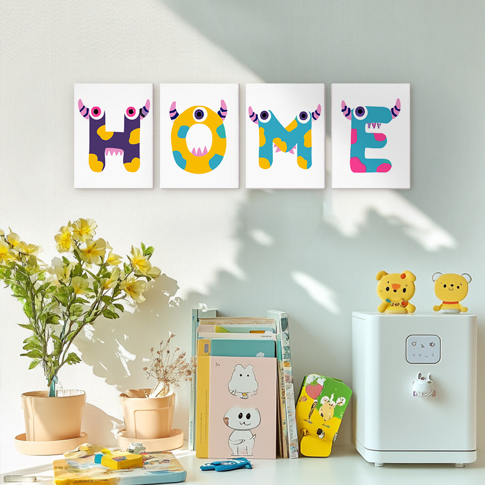 Four colorful wall art prints spelling 'HOME' above a desk with books and decorative items.