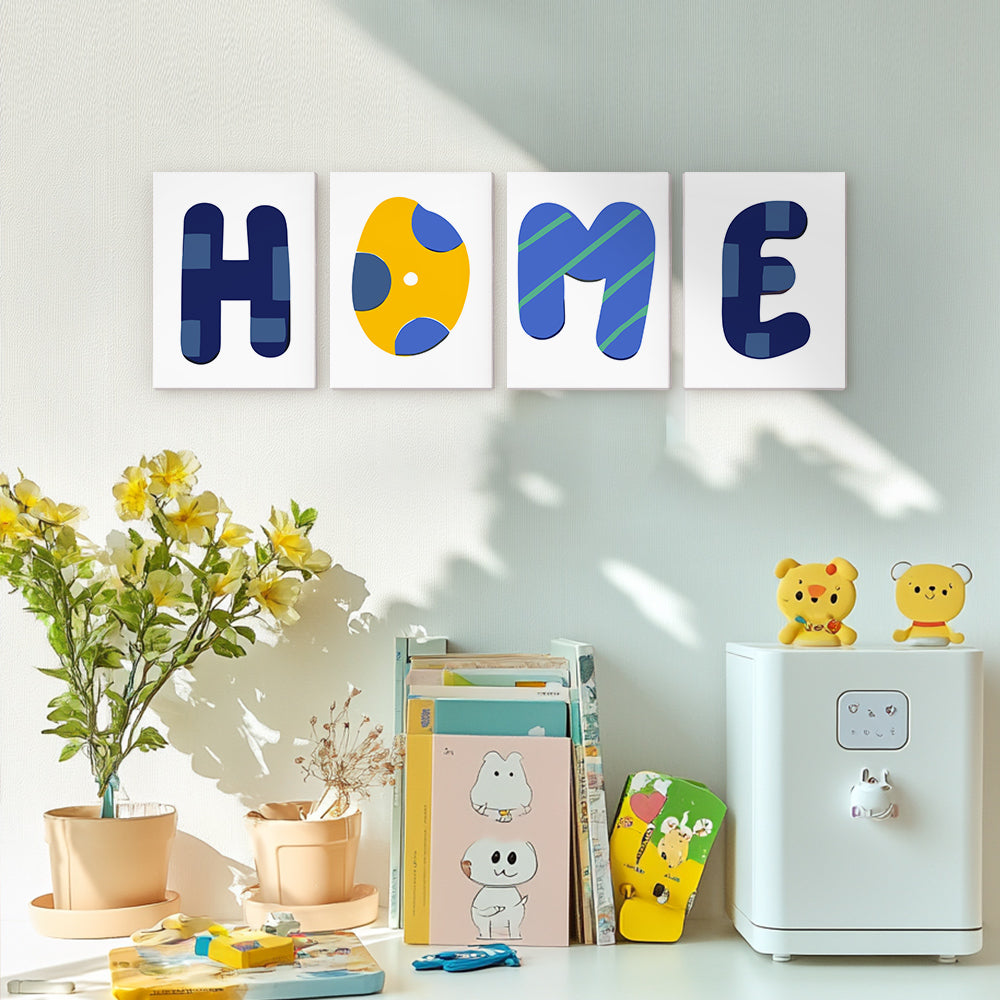 Decorative wall art spelling 'HOME' with colorful letters on a light gray wall.