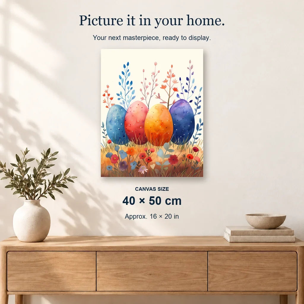 Eggs in Bloom displayed on a sunlit wall above an oak cabinet. Canvas size 40 × 50 cm.