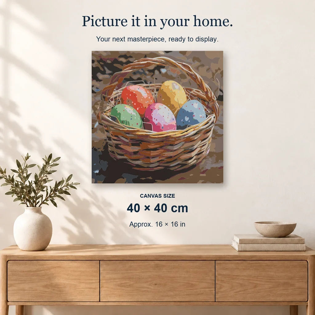 Eggstravaganza Array displayed on a sunlit wall. Canvas size 40 × 40 cm.