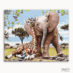 A paint-by-numbers kit depicting a giraffe and an elephant in a safari setting.