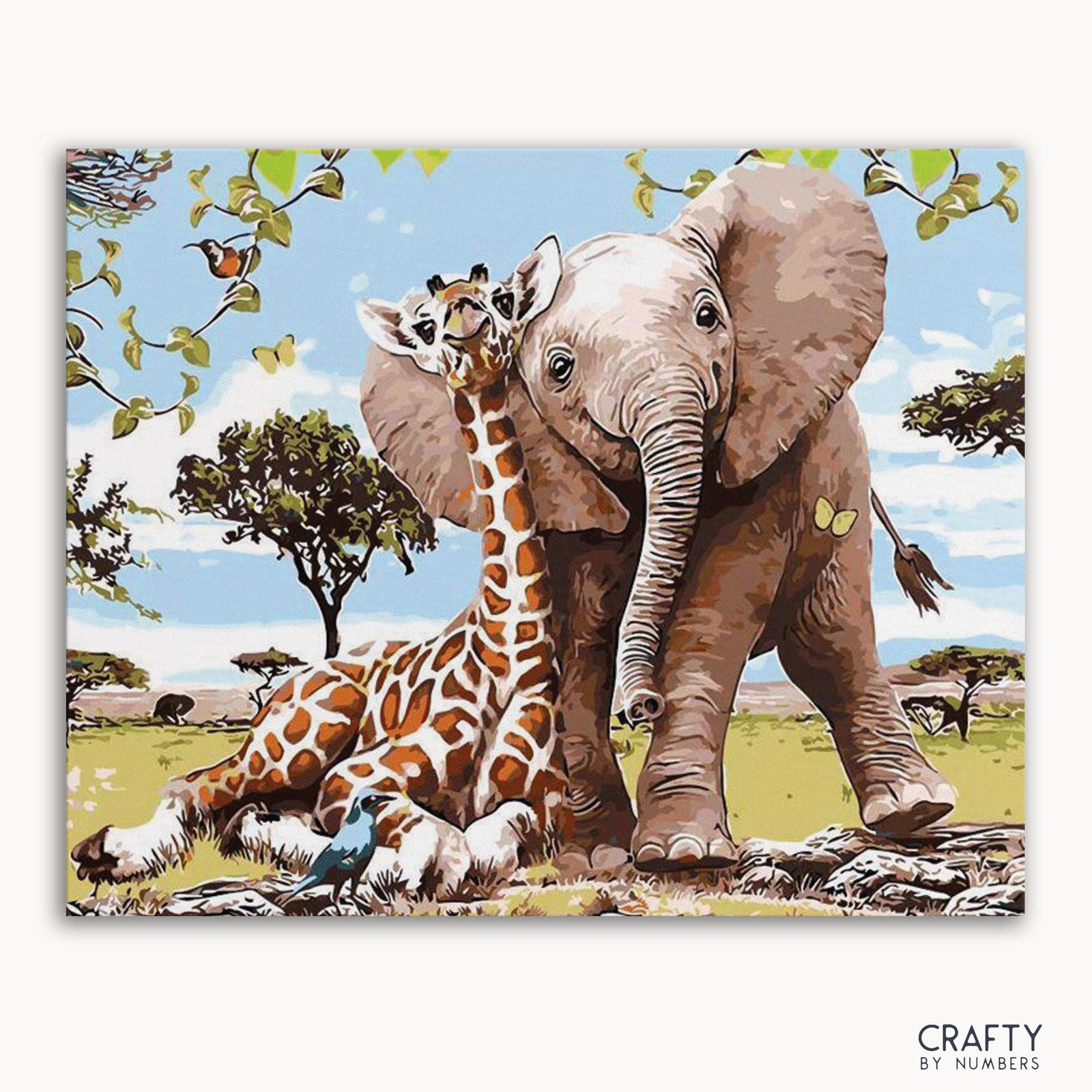Un kit de peinture par numéros représentant une girafe et un éléphant dans un décor de safari.