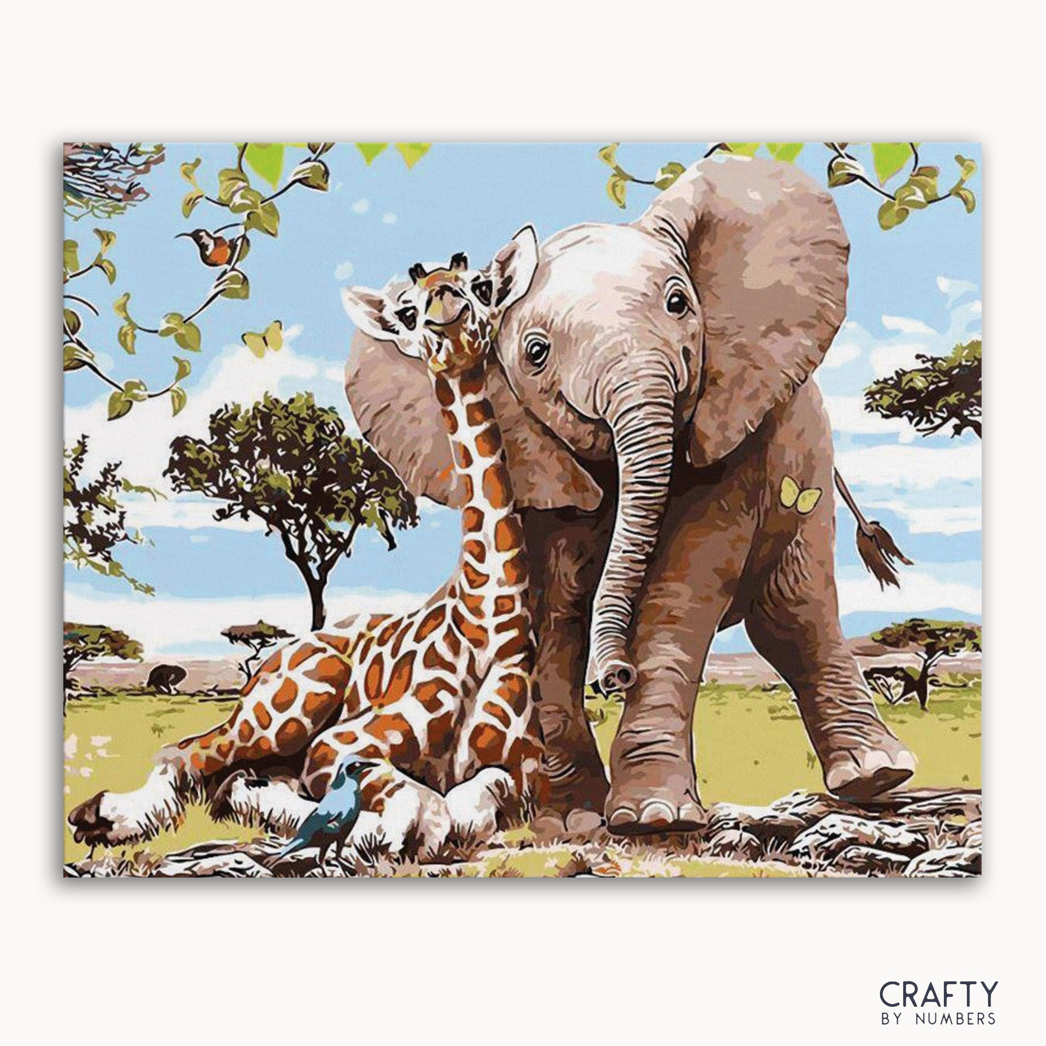 A paint-by-numbers kit depicting a giraffe and an elephant in a safari setting.