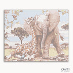 Elephant and Giraffe Safari paint by number scene blending famous paintings with van gogh famous paintings style in vibrant safari landscape.