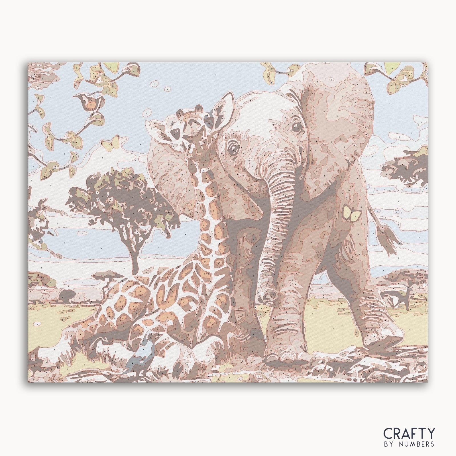 Elephant and Giraffe Safari peint par scène numérique mélangeant des peintures célèbres avec le style de peintures célèbres de Van Gogh dans un paysage de safari vibrant.
