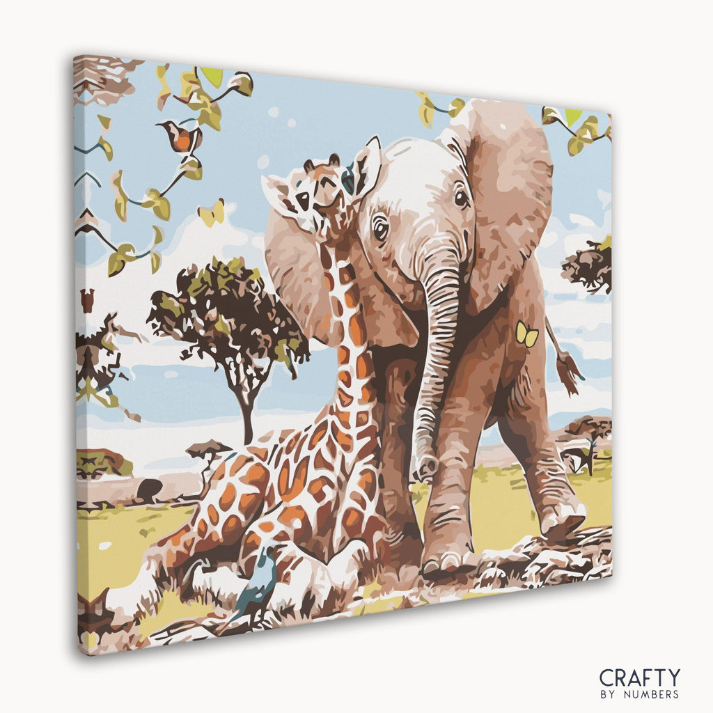 Colorful Elephant and Giraffe Safari paint by number inspired by famous artists paintings and famous landscape paintings with bold brush strokes.