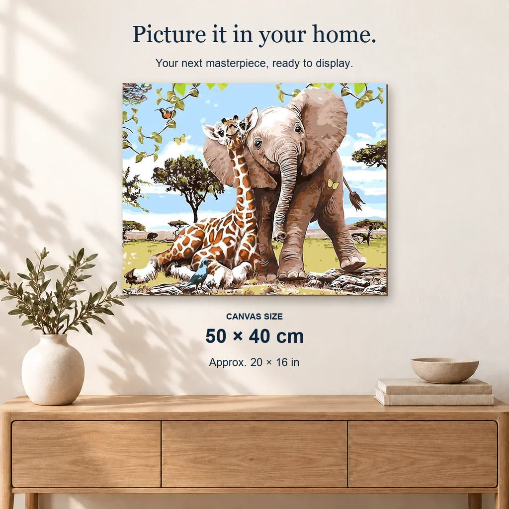 Elephant and Giraffe Safari displayed on a sunlit wall above an oak cabinet. Canvas size 50 × 40 cm.