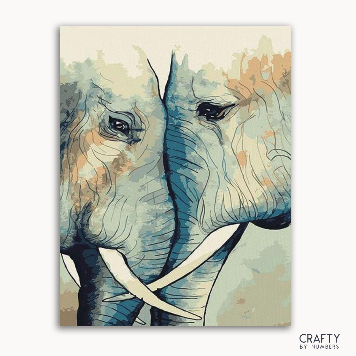 A paint-by-numbers kit image featuring the heads of a pair of elephants in a side profile view.