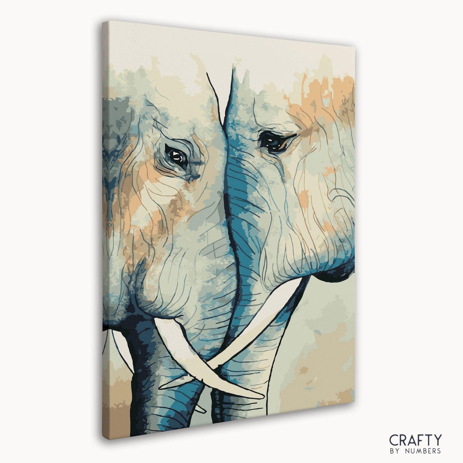 Close-up of two elephants on the numbered canvas