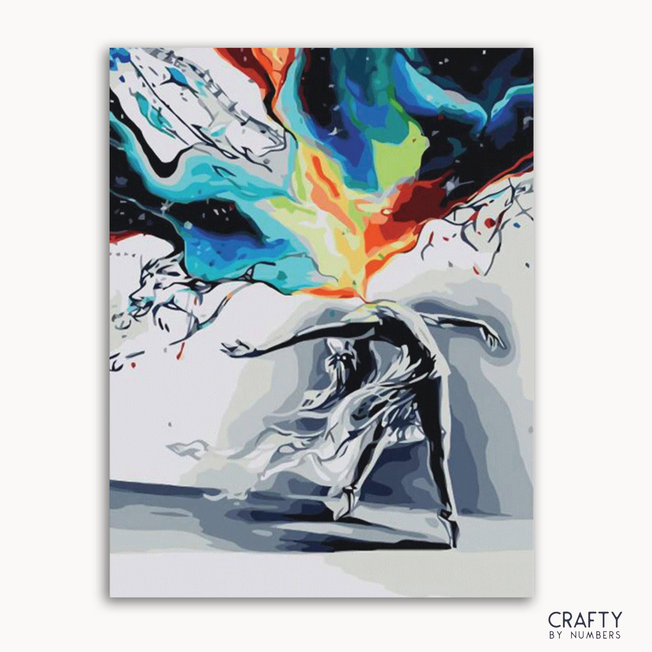 A paint by numbers kit depicting a colorful and dynamic ballet dancer in motion.