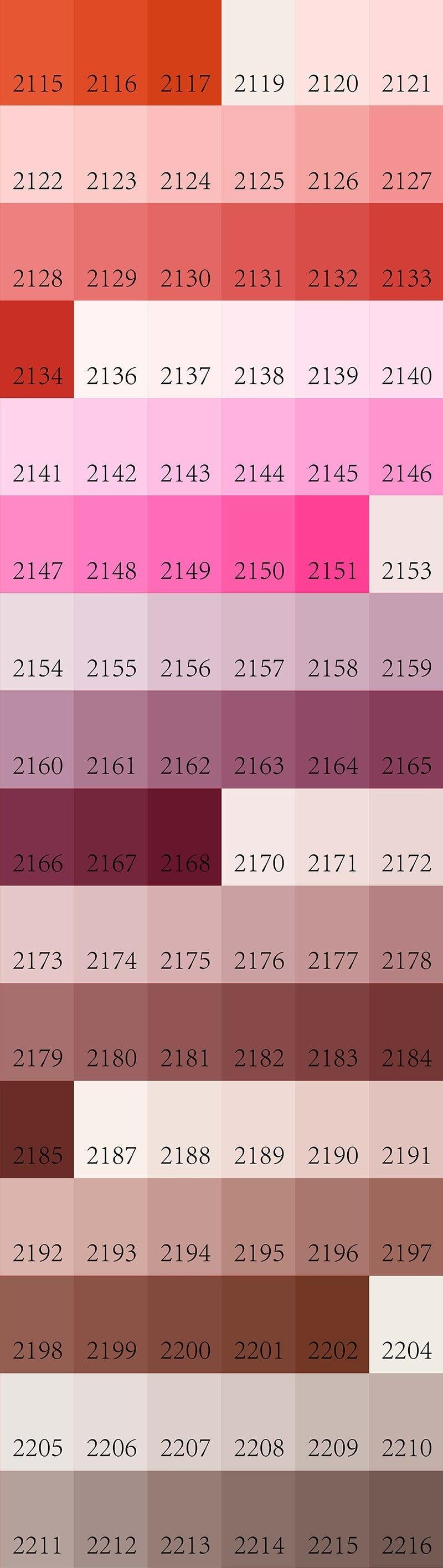Color swatch chart with various shades of red and pink.
