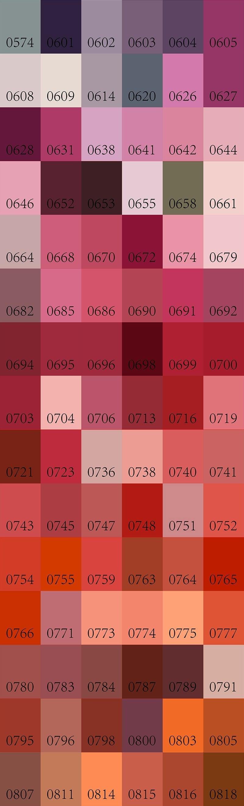 Color swatch chart with various shades of red and brown.