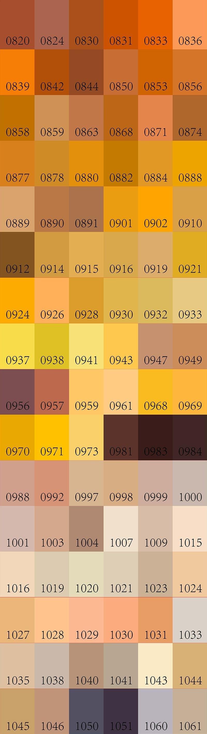 Color swatch chart with various shades of brown and orange.