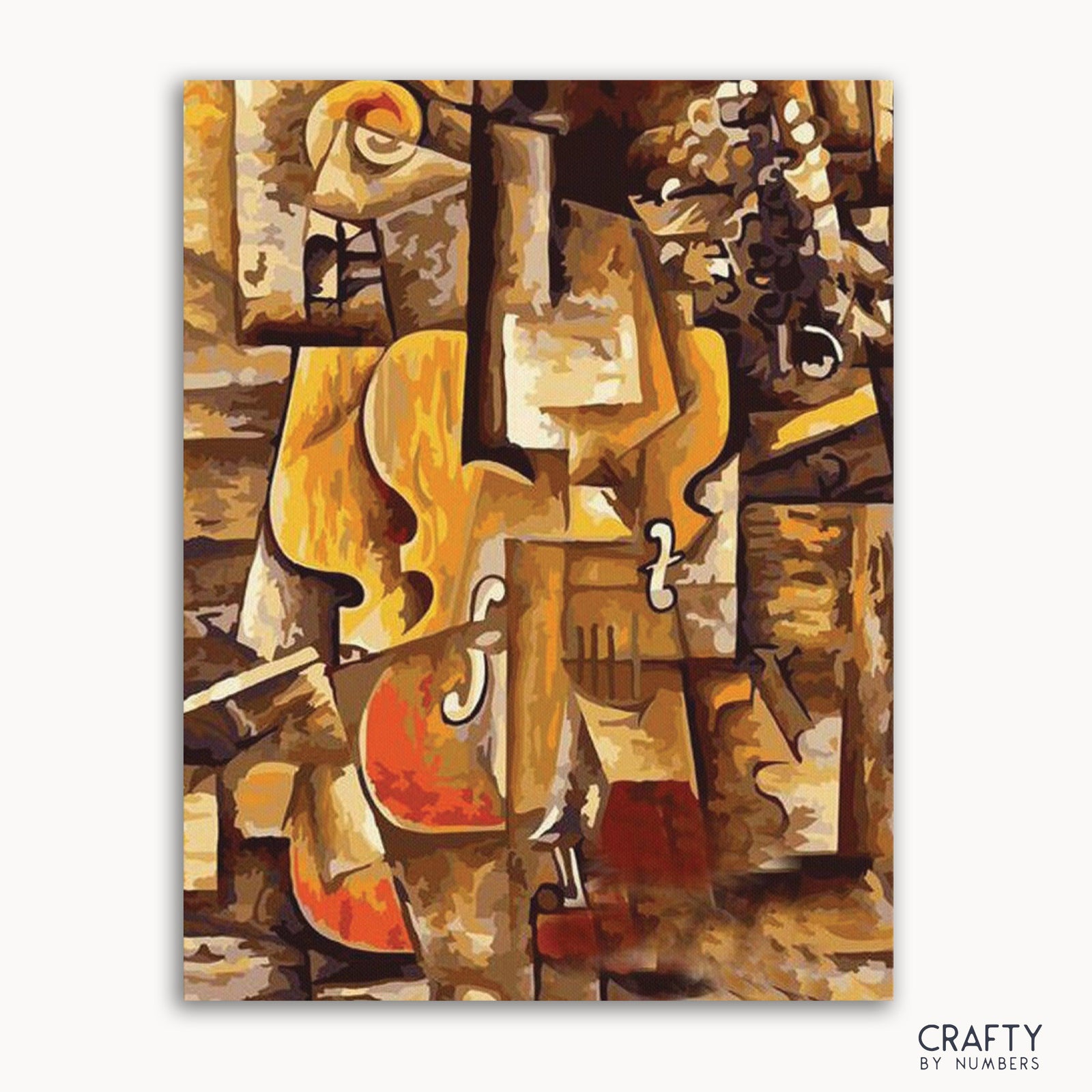 Une image de kit de peinture par numéros présentant une représentation abstraite d'un violon et de raisins, inspirée du style de Picasso.