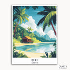 A travel poster paint by numbers kit depicting a tropical scene with palm trees, overwater bungalow, and mountains in the background.