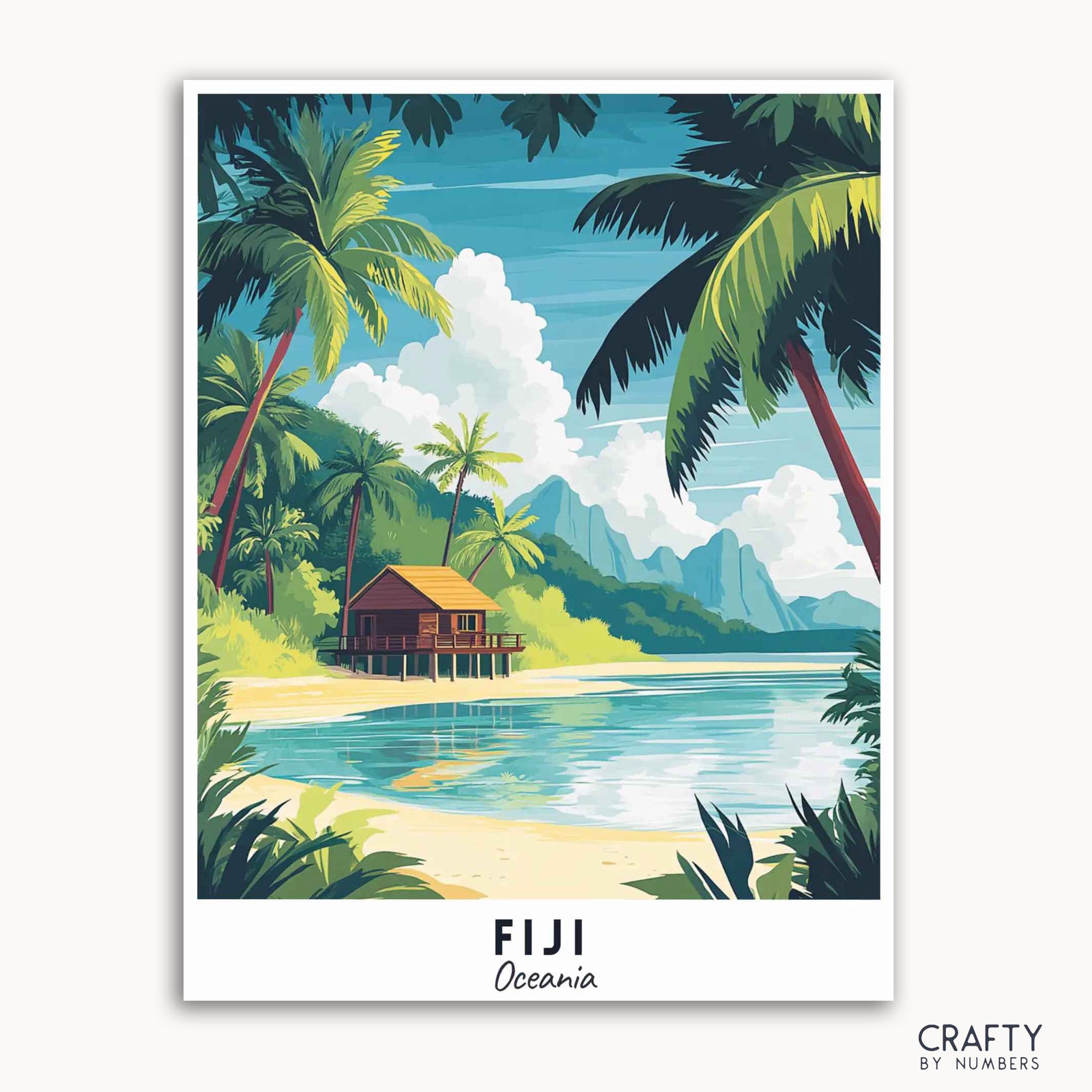 Un kit de peinture par numéros pour affiche de voyage représentant une scène tropicale avec des palmiers, un bungalow sur pilotis et des montagnes en arrière-plan.