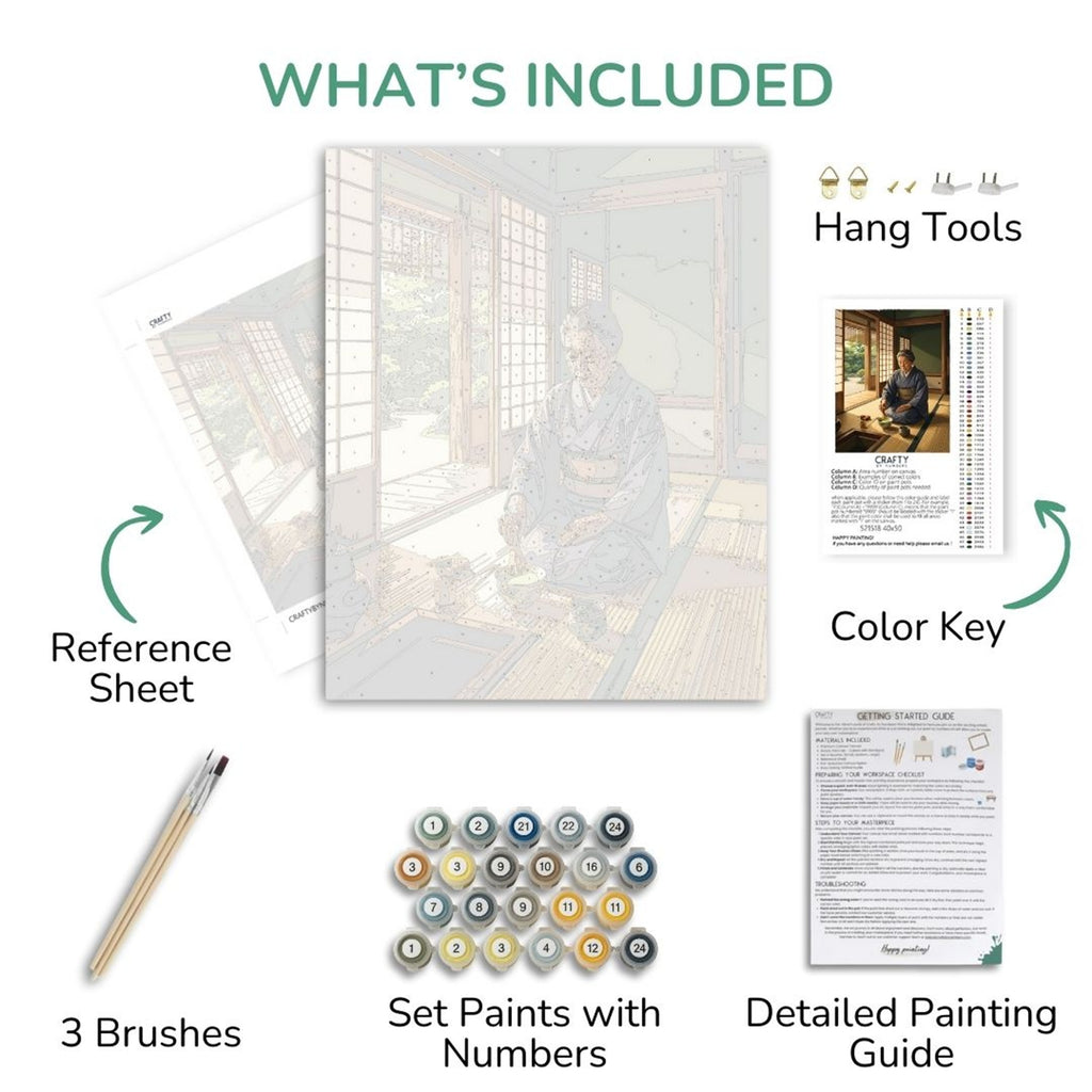 Hands of Tradition kit contents with numbered canvas, paints, brushes and guide