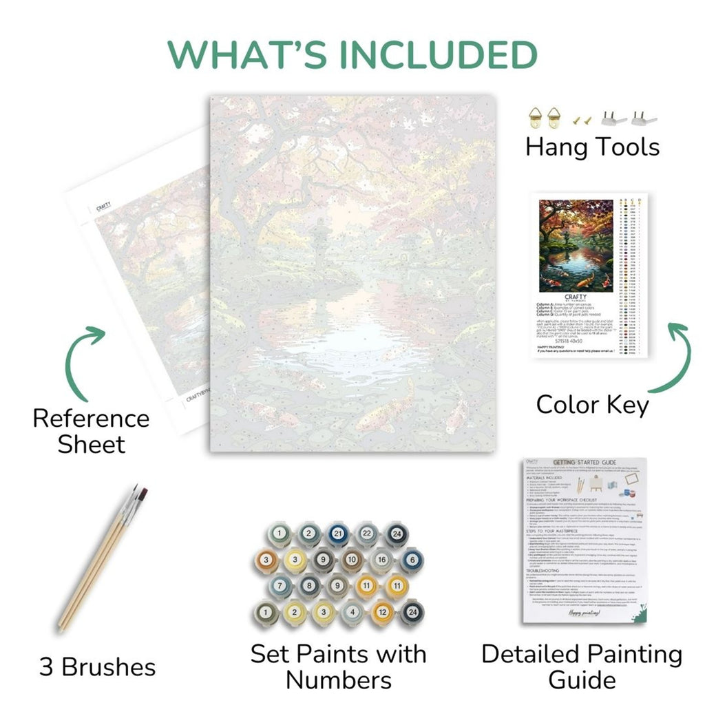 Koi in Crimson Light kit contents with numbered canvas, paints, brushes and guide
