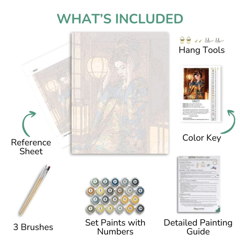 Blossoms and Grace kit contents with numbered canvas, paints, brushes and guide