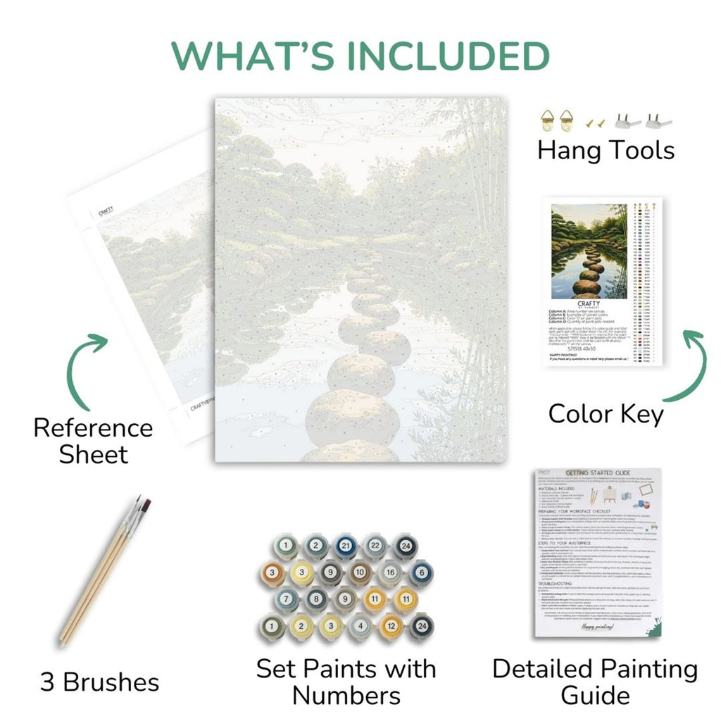 The Garden Path kit contents: canvas, numbered paints, three brushes, reference sheet and guide.