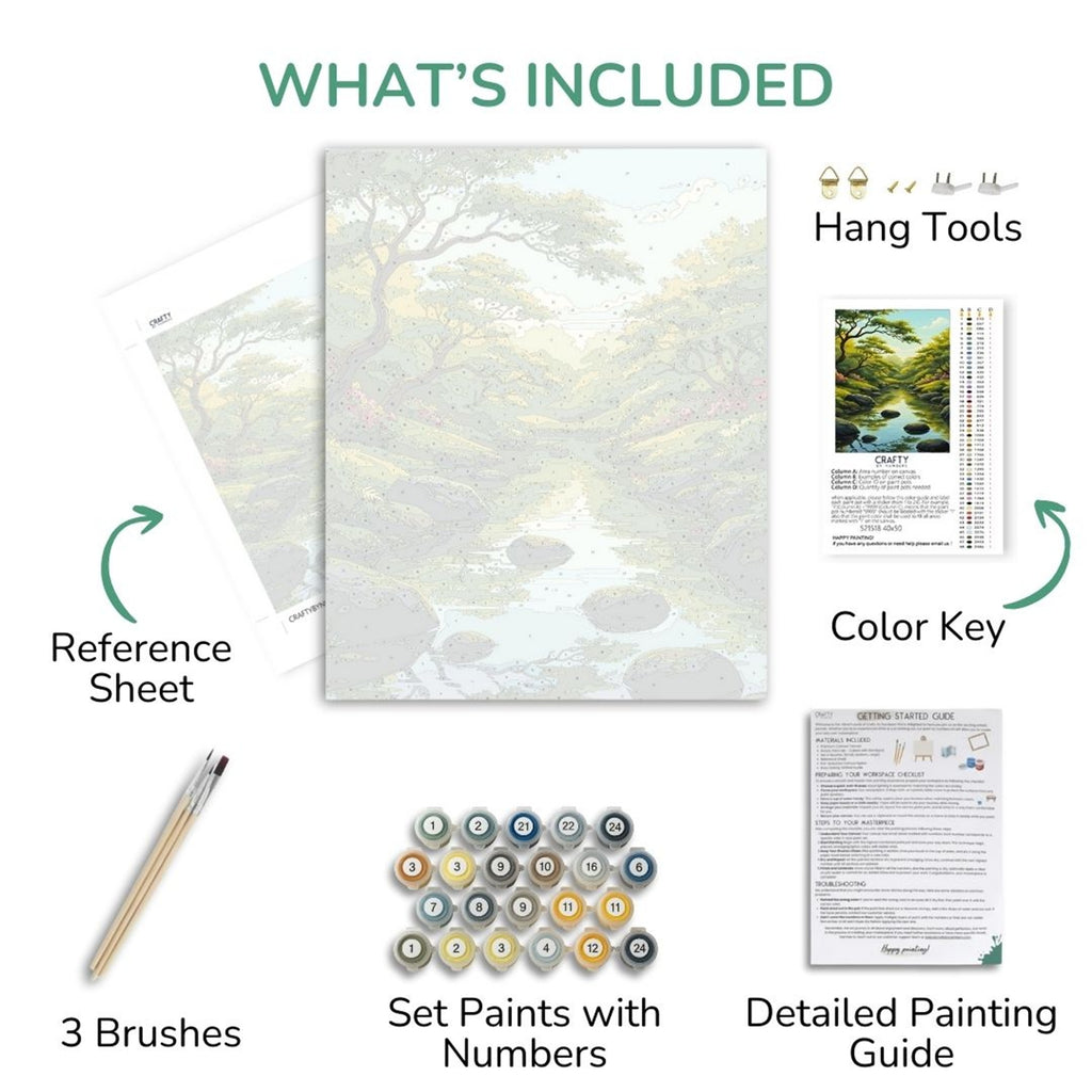 Beneath the Quiet Trees kit contents: canvas, numbered paints, three brushes, reference sheet and guide.