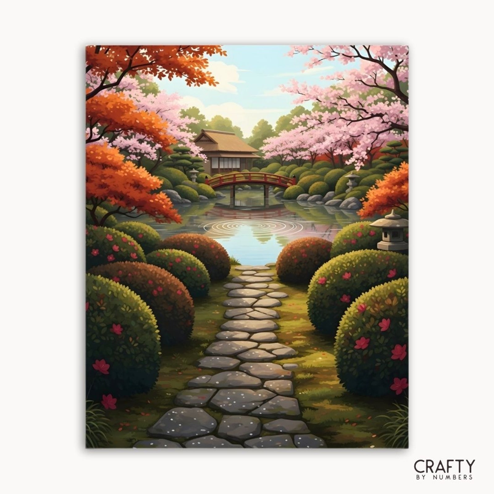 Painting of a Japanese garden with a stone path, cherry blossom trees, and a bridge.